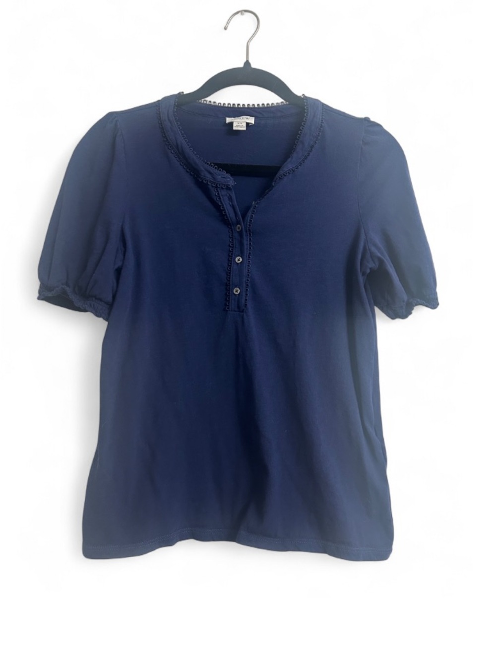 JCrew Navy Ruffle Hem Preppy Top Cottagecore Lace Trim Henley XS